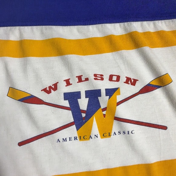 Vintage Wilson American Classic Striped Tee XL Blue Yellow 90s Made in Singapore - Picture 4 of 10